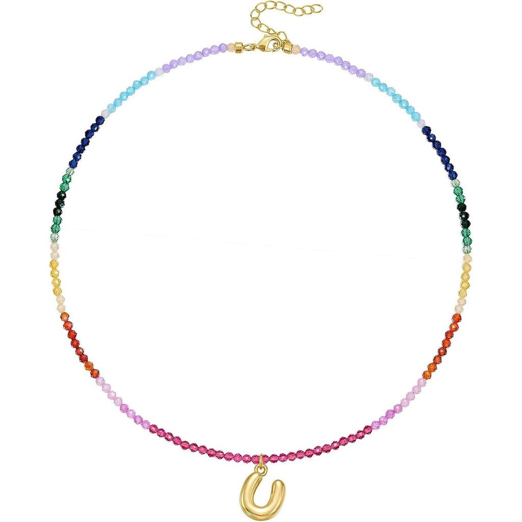 Boho Beaded Initial Necklace for Women, 14K Gold Plated Letter Pendant Rainbow Gemstone Choker Colorful Summer Beach Jewelry