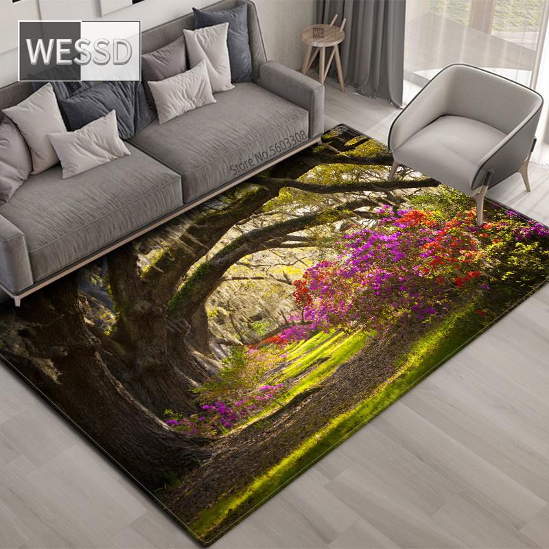 3D ковер с природными пейзажами для гостиной, зеленый лес, водопад, пейзажный ковер, противоскользящий ковер для спальни, большой в ванной комнате