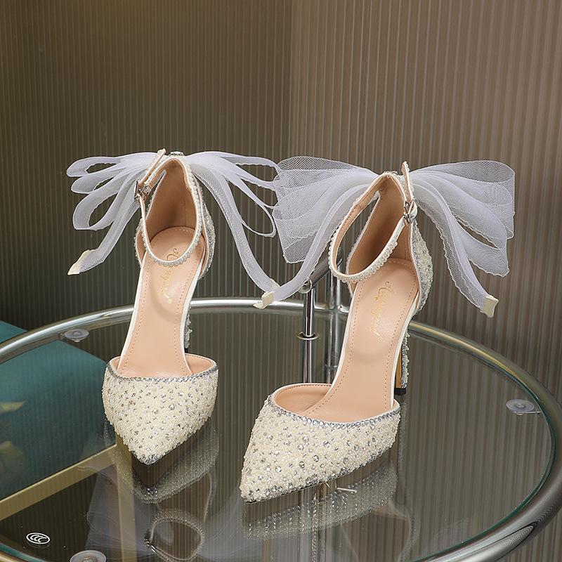 Fashion New Mesh Bowout Pearl Rhinestone Sexy Sandals  Women's Buckle Pointed High Heels Banquet Wedding Bride Bridesmaid Single Shoes