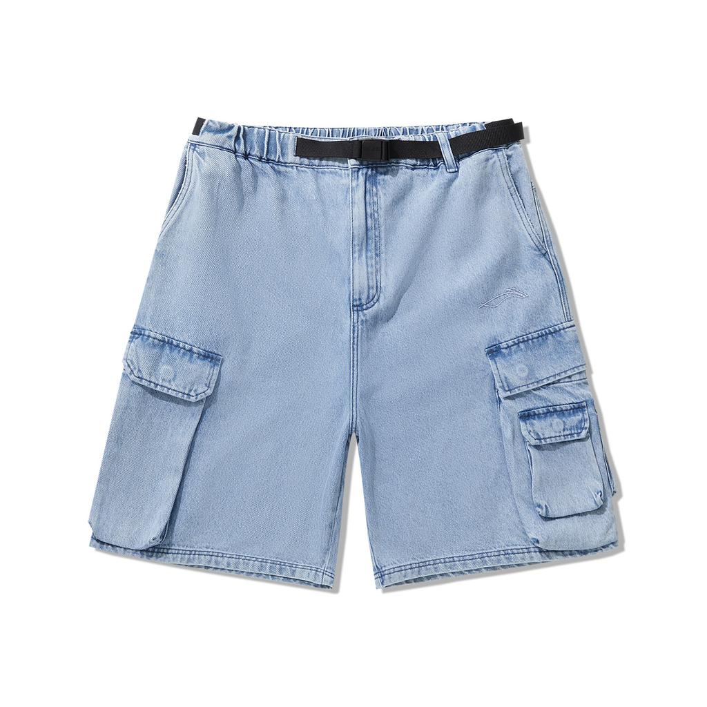 Li Ning Серия для скейтбординга Винтажная стирка Средняя посадка Свободные Прямые Джинсовые шорты Мужские шорты Светло-голубой деним AJSU015-1