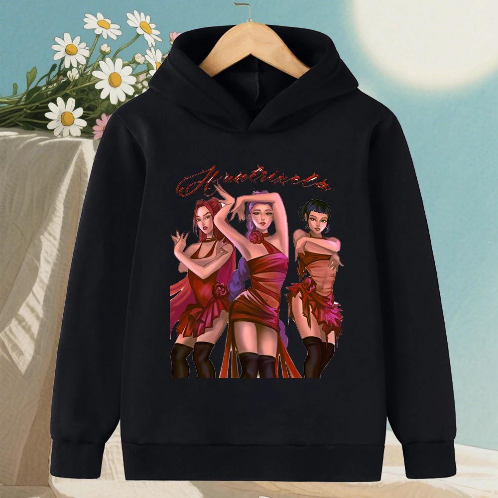 Korean KPop Devil Hunter Cartoon Girl Hooded Sweatshirt Warm Children's Wave Fashion Casual Top Casual Girls' Clothing