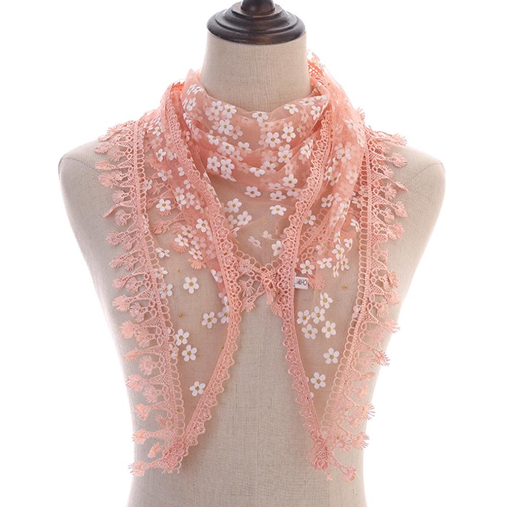 Korean Floral Lace Triangle Scarf with Tassels - Classic Breathable Design for Women