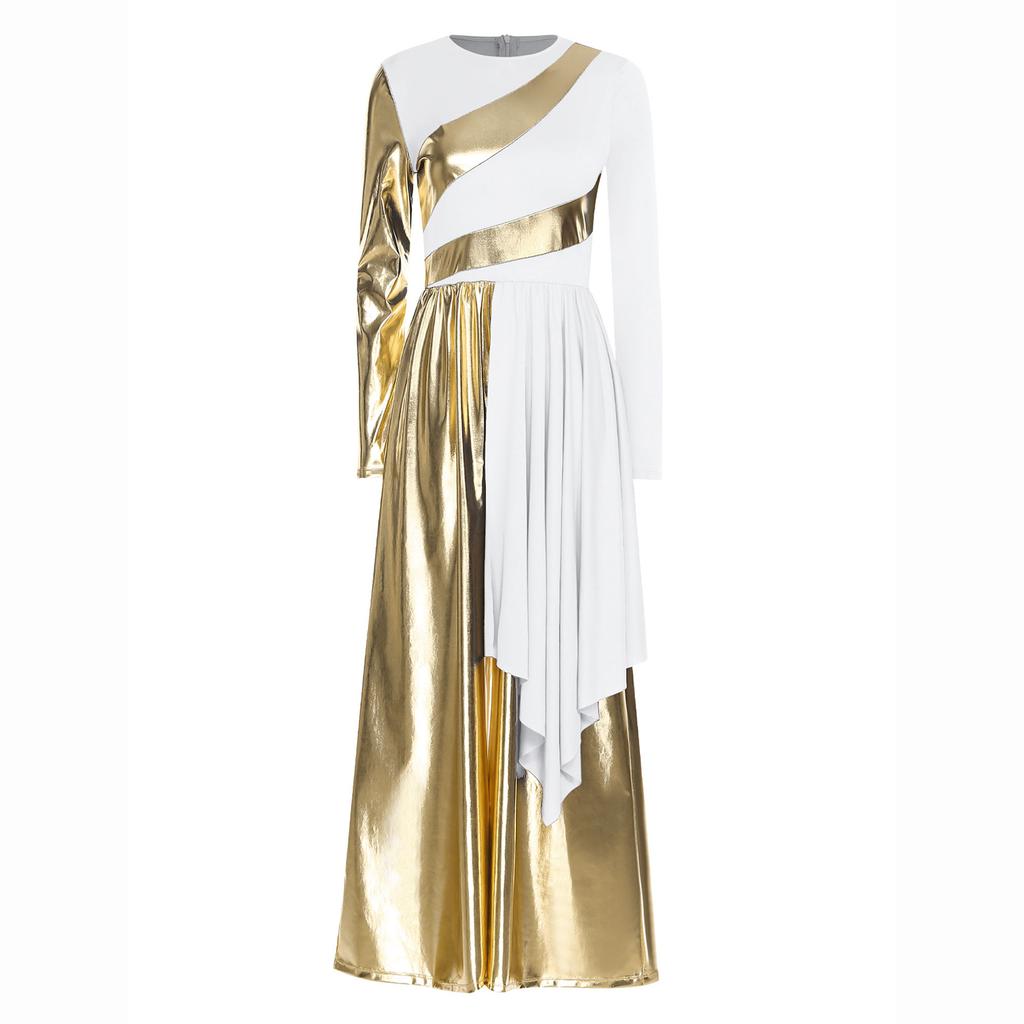 Womens Liturgical Dance Jumpsuit Metallic Color Block Patchwork Irregular Drape Wide Leg Choir Performance Costume