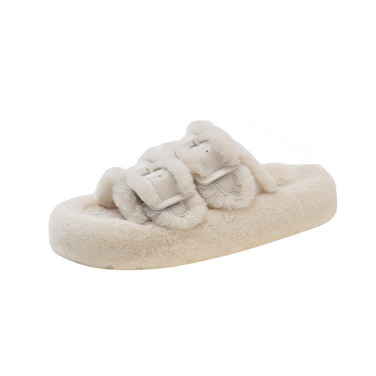 Пряжка белые пушистые тапочки на толстой подошве женская обувь носить новый интернет знаменитость теплая кекс одно слово плюшевые хлопковые швабры