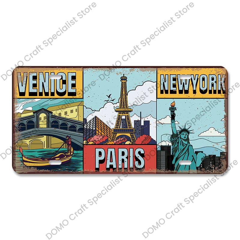 National Landmark Poster Car License Plate Retro France New York Australia Metal Tin Signs Wall Decor Garage Car Club