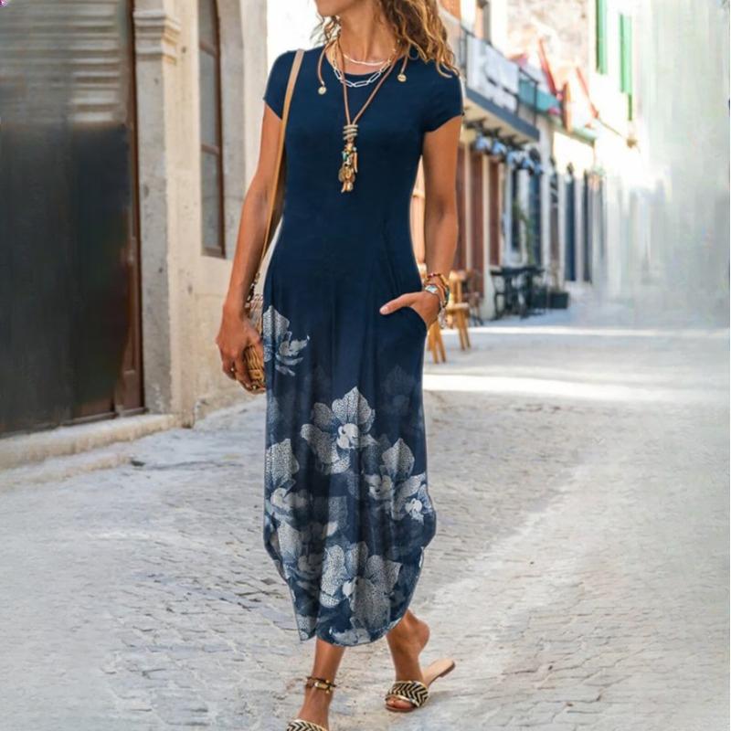 QICED Женская мода лето весна однотонный принт с коротким рукавом и круглым вырезом с высокой талией повседневные платья