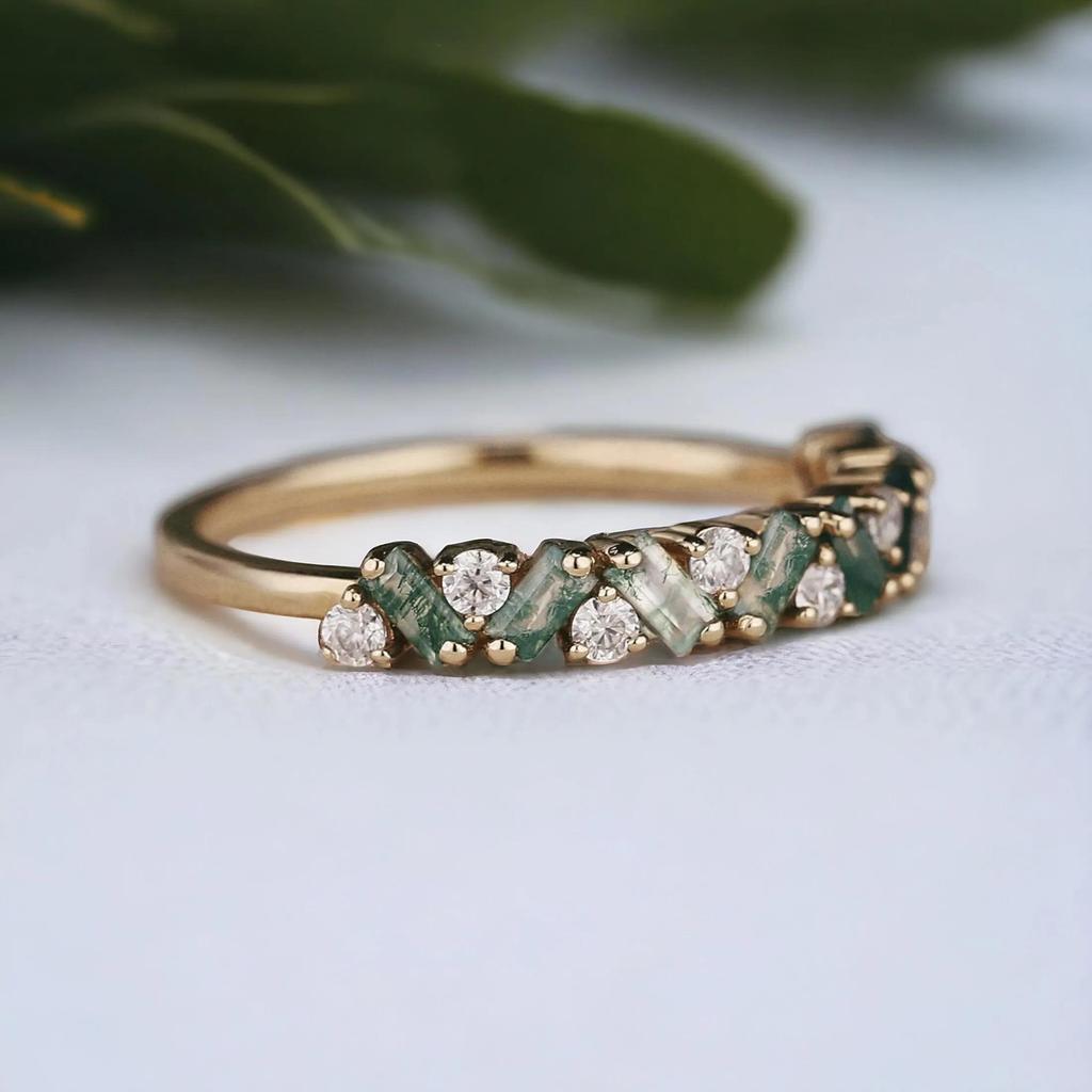 Natural Unique Moss Agate Ring Moss Agate Wedding Band Gold Rings Art Deco Eternity Band Moss Agate Matching Rings Personalized Gift For Her