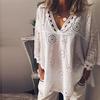 Women Half Sleeve Cotton Linen Hollow Out  Lace Patchwork T-Shirt Blouse Tops