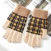 Winter New Full Finger Touch Screen Women's Warm Knitted Woolen Gloves with Checkered and Fleece Interlaced Fingers for Cycling To Keep Warm