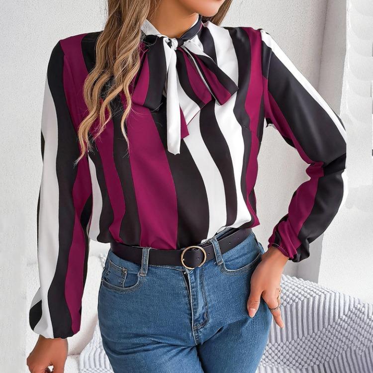 Fashion Women Long Sleeve Blouse Stripe Print Bow Collar Shirt Spring Autumn Top Temperament