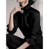 Women ruffled stand collar satin three quarter sleeve shirt multi color slim fit rhinestone pearl brooch office elegant blouse