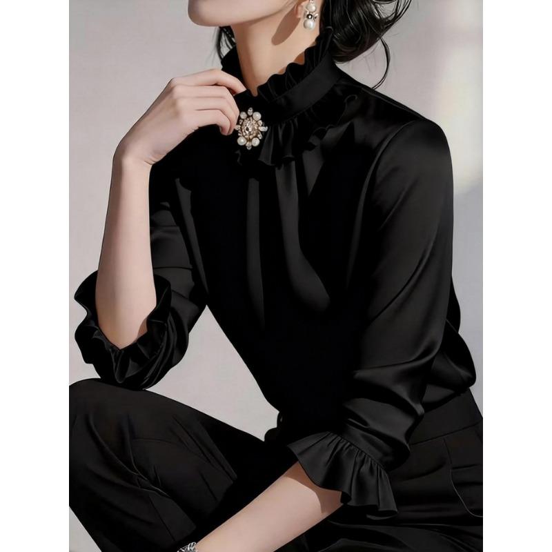 Women ruffled stand collar satin three quarter sleeve shirt multi color slim fit rhinestone pearl brooch office elegant blouse