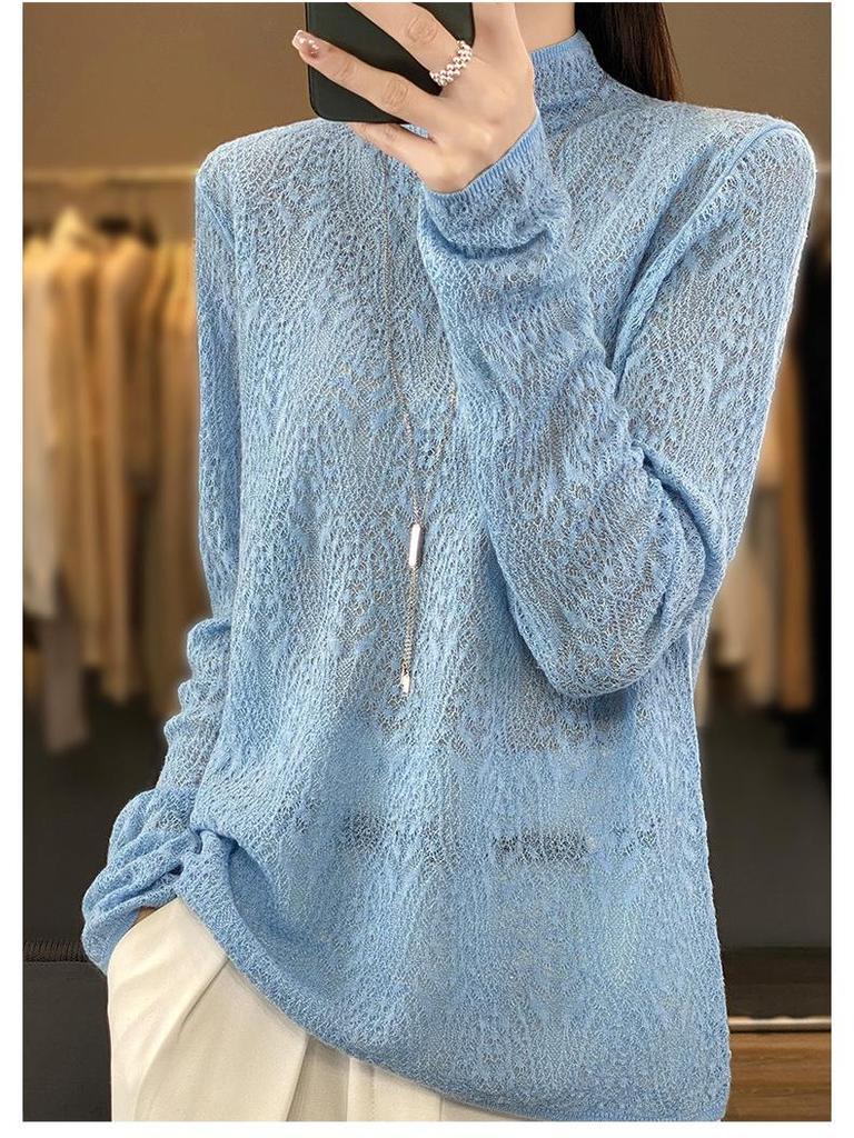 Весенний шерстяной свитер 2025 года: Пуловер с полувысоким воротом, длинными рукавами и цветочным узором