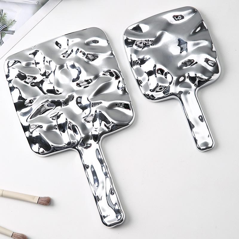 Silver Water Ripple HD Handheld Makeup Mirror - Luxury Square Handle Beauty Salon Mirror