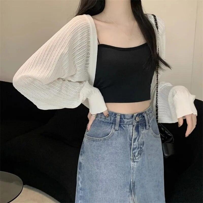 White Hollowed Out Knitted Cardigan Sweet Versatile Women Short Top Loose Shawl Thin Coat New Fashion Commuting Spring Autumn