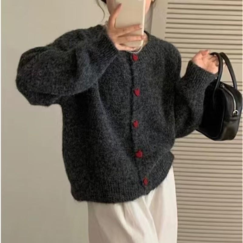 Womens Cute Heart Button Knit Cardigan Loose Fit Round Neck Sweater Fall Winter