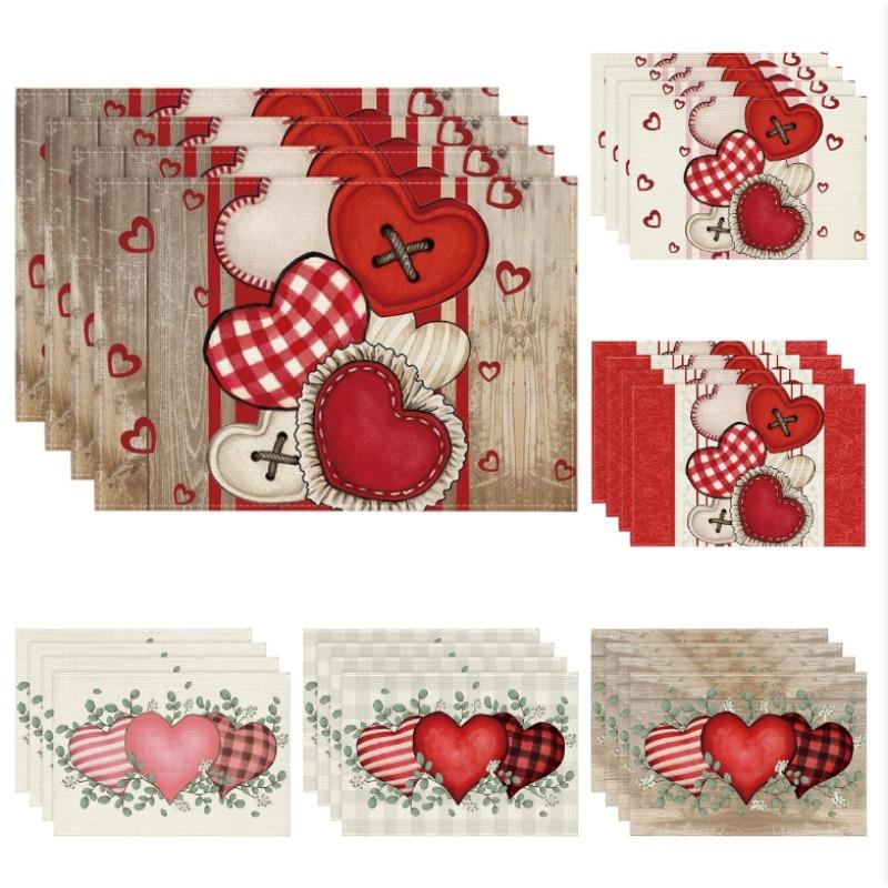 Valentine's Day Placemat Heart Pattern Linen Placemats Love Theme Romantic Desktop Protector Mat for Kitchen Dining