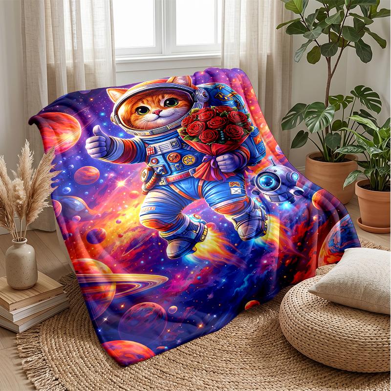 Cat Astronaut Space Journey blanket Personalized Name Flannel Blanket Soft Cozy Plush Throw for Sofa Bed Lightweight Home Decor