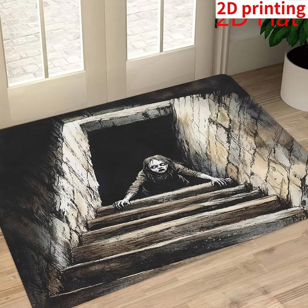 VIKAMA Spooky Stairs Illusion Doormat, Horror Themed Non-Slip Rug for Entryway, Bedroom & Halloween Party