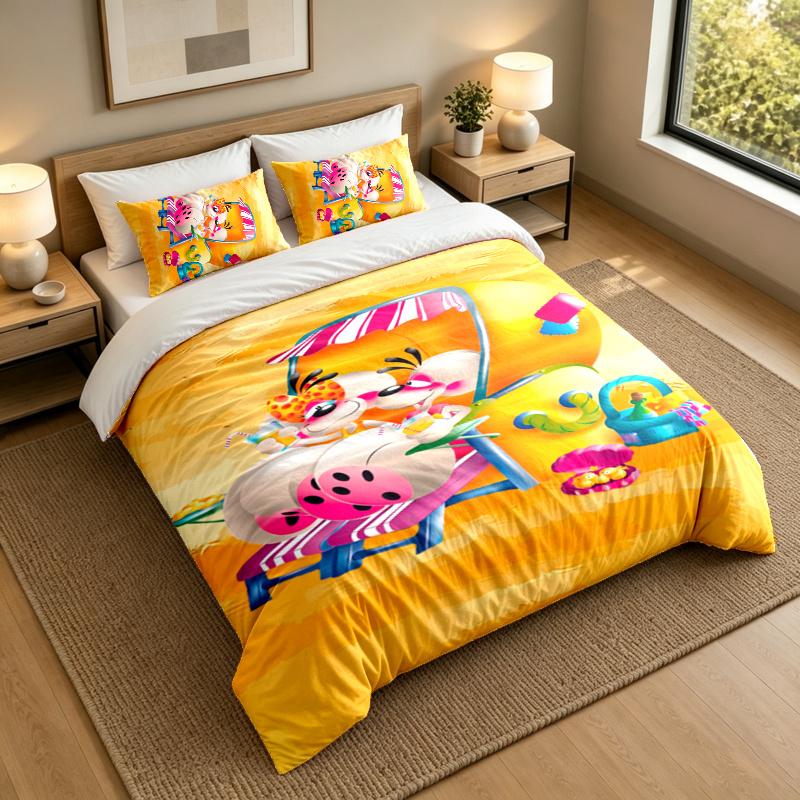 3-Piece Bed Sheet Set with Diddl Design, 1 Flat Sheet and 2 Pillowcases for Bedroom