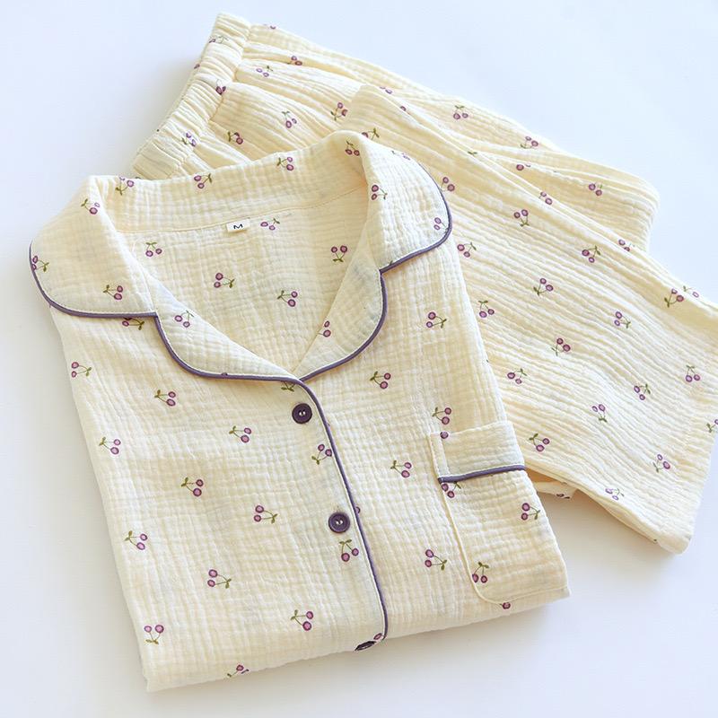 100% хлопок женская пижама осень весна с длинным рукавом мягкая пижама с принтом вишни женский домашний ночной комплект кардиган