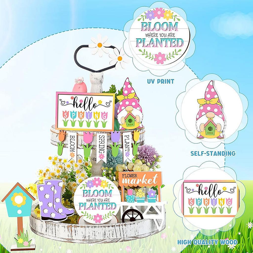 Креативный набор для декора многоярусных подносов «Весенний садовый гном» — настольная деревянная поделка, деревенская цветочная подставка для весны