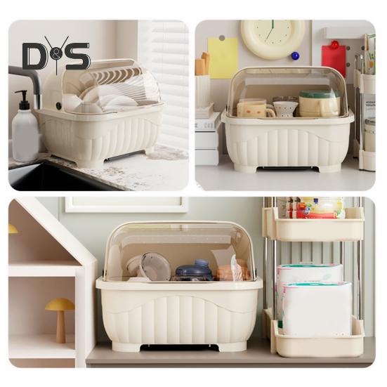 Countertop Utensil Caddy Dish Storage Box Efficient Draining Design Large Capacity Tableware Storage Container with Dustproof Lid