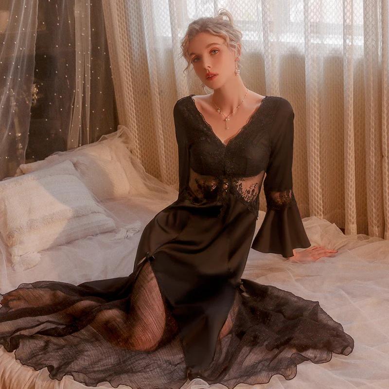 Женская ночная пижама Весенняя с открытой спиной Кружевная атласная ночная сорочка с чашечками Однотонная Сексуальная пижама для женщин