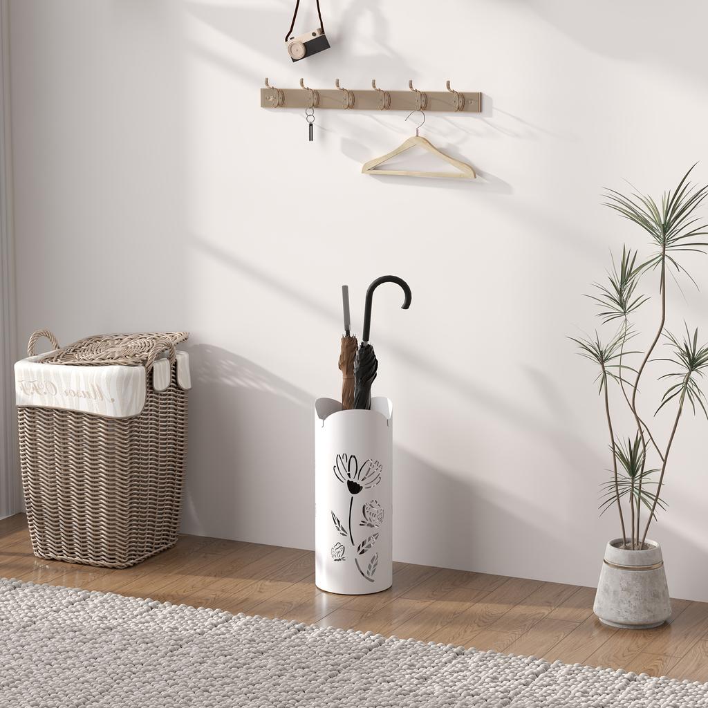 Steel Umbrella Stand With 4 Hooks And Removable Drip Tray Decorative Design 17x17x41 Cm White