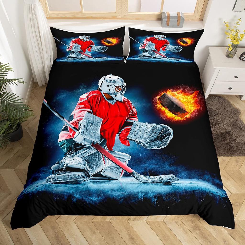Ice Hockey Duvet Cover Twin Hockey Sports Player Bedding Set Winter Extreme Sports Game Comforter Cover Set Sports Arena Bedding