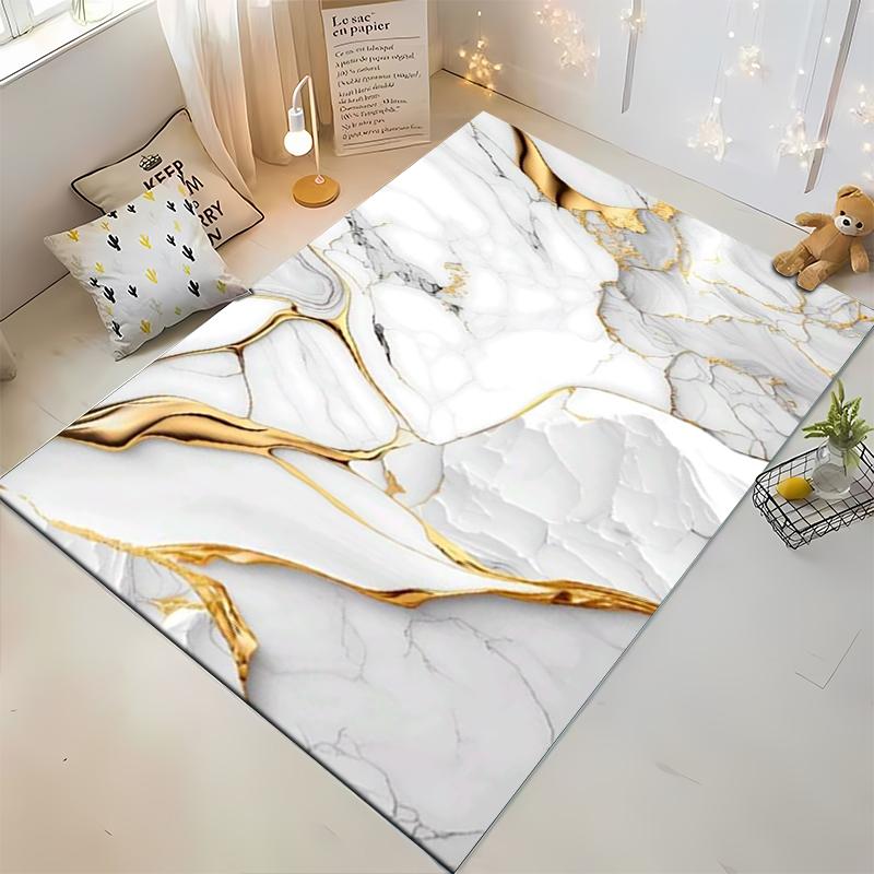 Marble Pattern Carpet with White and Gold Abstract Design for Living Room Suitable for use as an anti-slip for living room bedroom sofas
