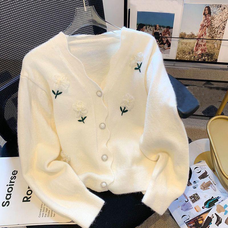 Casual V-neck Long Sleeve Knitted Cardigan Sweater Women Spring and Autumn Nail Beads Lazy Style 3D Flower Cardigan Coat Top