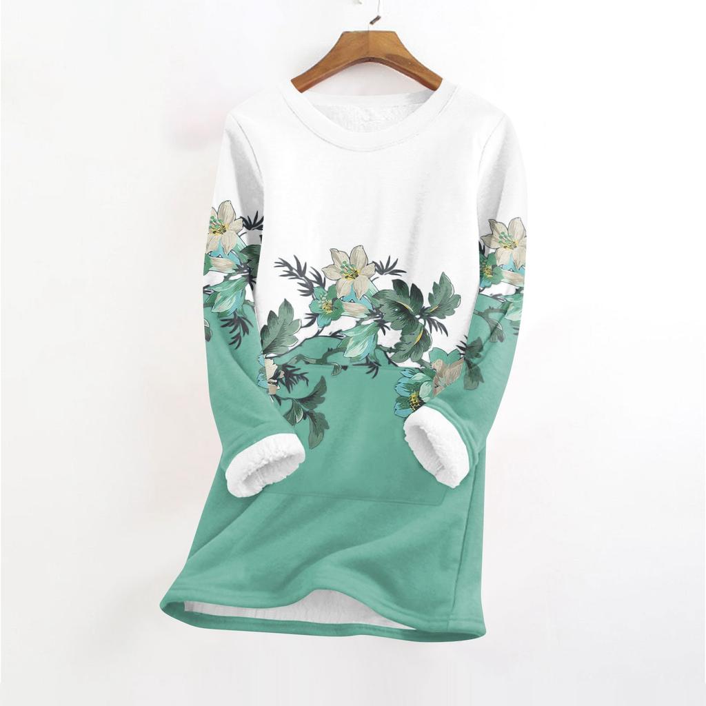 Женский модный плюшевый теплый пуловер с принтом, круглым вырезом и длинными рукавами