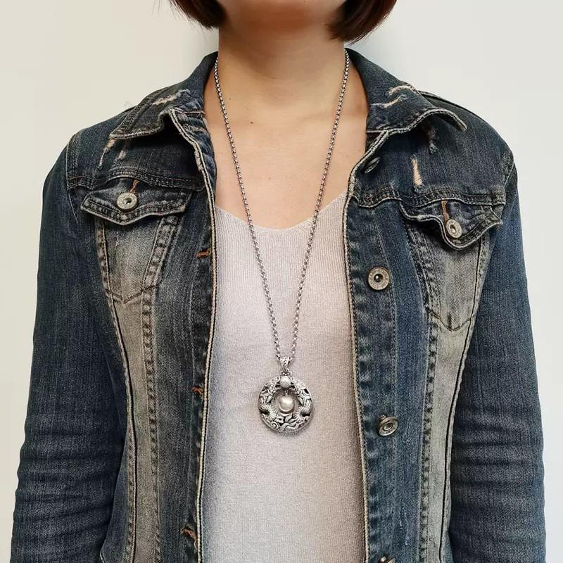 Vintage Double Dragon Pearl Pendant Necklace Women Men Long Chain With Copper Charm Retro Ethnic Style Jewelry