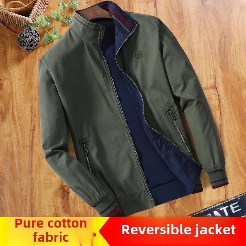 Мужская двухсторонняя хлопковая куртка на весну и осень - воротник-стойка, повседневный стиль