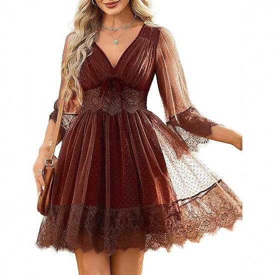 2026 summer lace premium temperament loose lazy splicing deep V-neck pleated dress