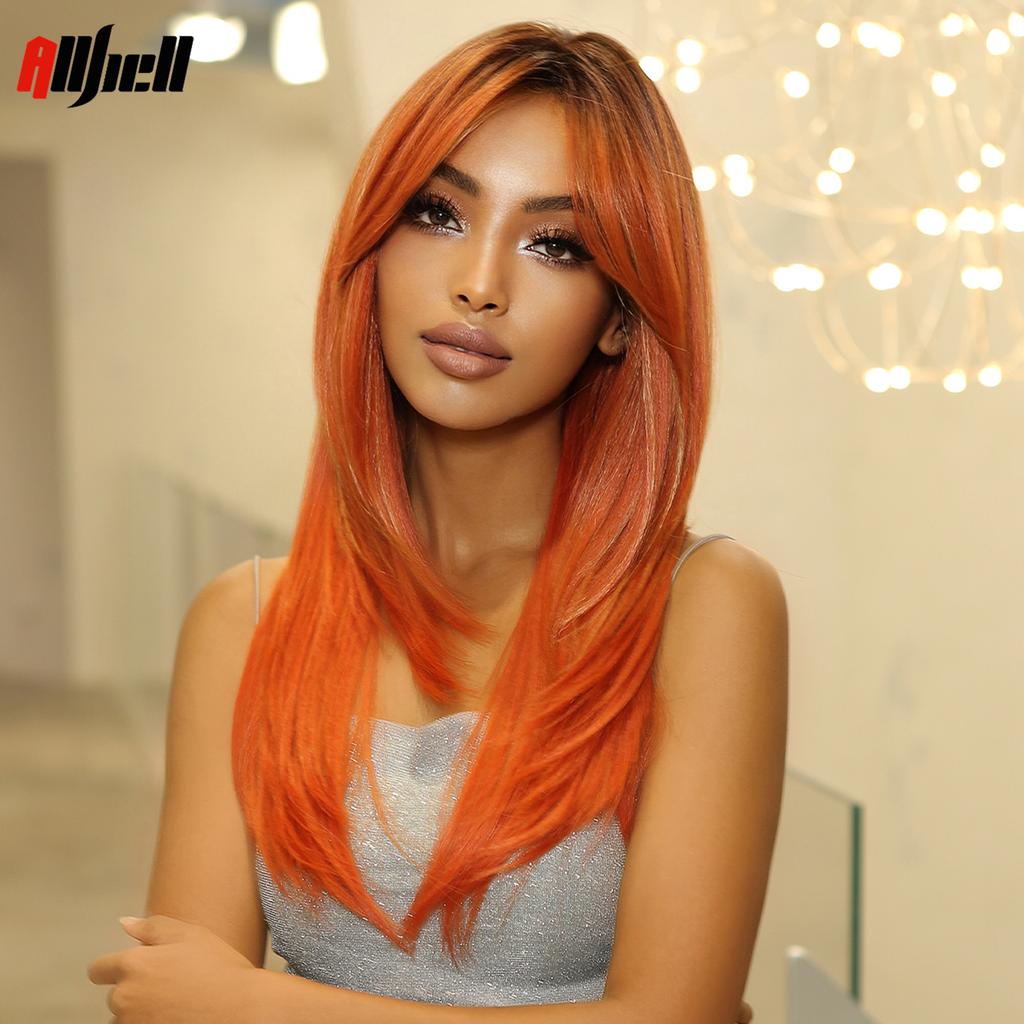 Long Layered Synthetic Wigs Orange Red Straight Bang Ombre Wig With Dark Roots Heat Resistant for Black Women Halloween Cosplay