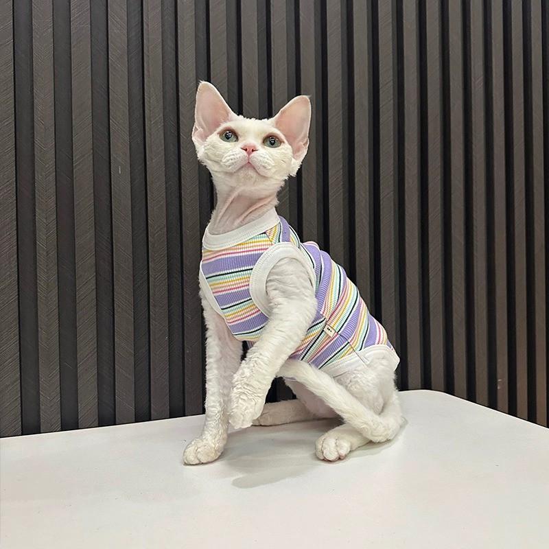 Stretchy Striped Cat Tank Top Sphynx Devon Rex Hairless Cats Wear Seven Color Pet Clothing