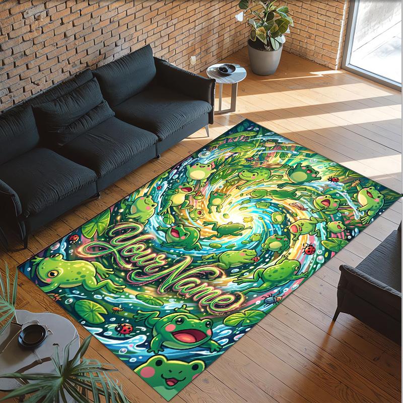 Frog Theme Crystal Velvet Floor Rug Personalized Custom Name Text Warm Carpet Home Decoration