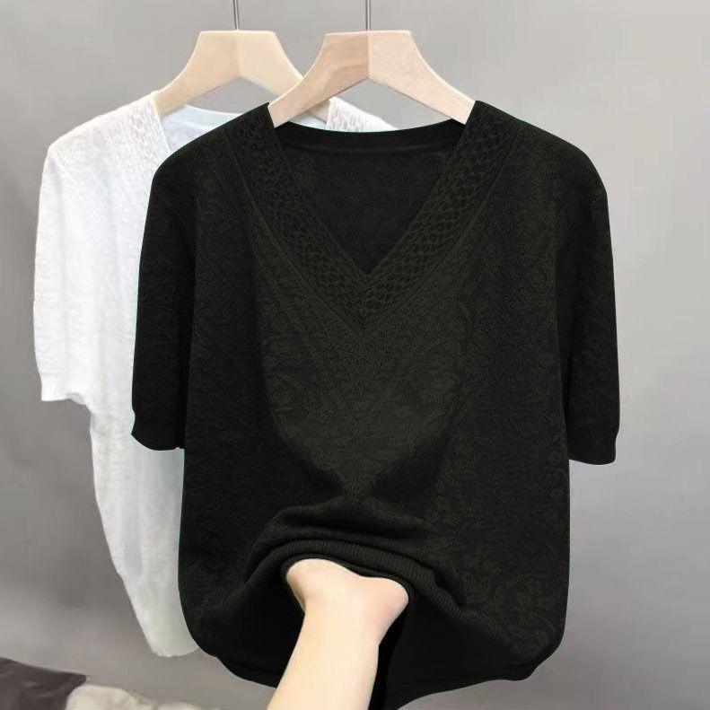 Летняя женская трикотажная футболка Ice Silk Hollow Hook Flower Knitted Sweater Looks Slim V-образный вырез футболка Топ