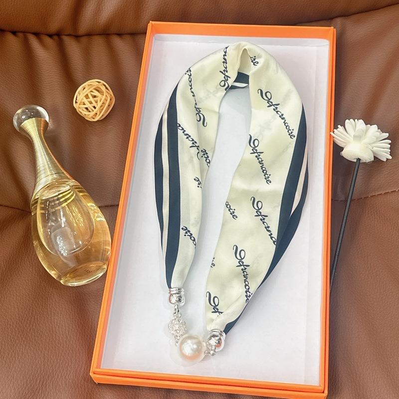 Silk Scarf Women's Spring, Autumn and Summer New Fashion Neck Protection Decoration Long Necklace Type Magnetic Buckle Scarf Small Scarf