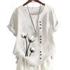 Womens Linen Cotton Casual Tee with 8 Classic Black and White Botanical Floral Patterns, Round Neck, Short Sleeves S-5XL