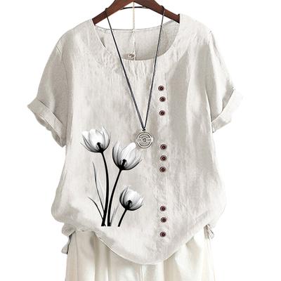 Женская повседневная футболка из льна и хлопка с 8 классическими черно-белыми ботаническими цветочными узорами, круглым вырезом, короткими рукавами S-5XL