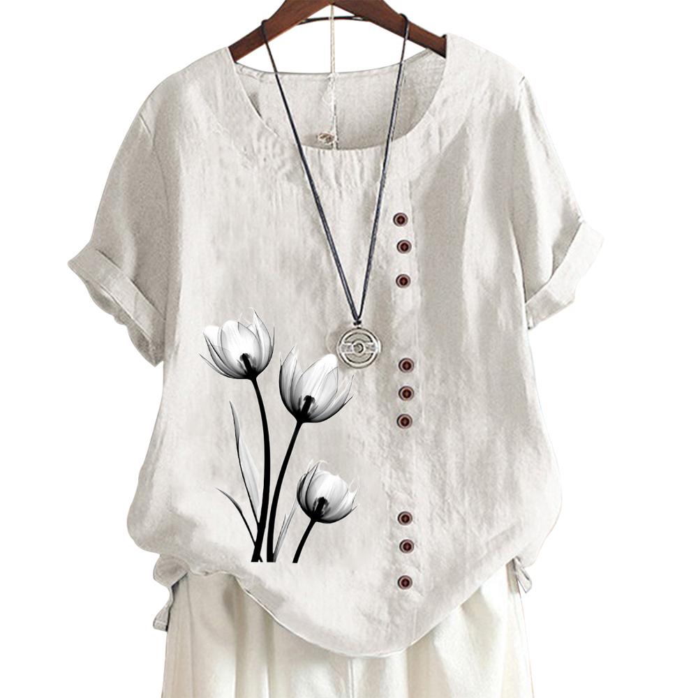 Womens Linen Cotton Casual Tee with 8 Classic Black and White Botanical Floral Patterns, Round Neck, Short Sleeves S-5XL