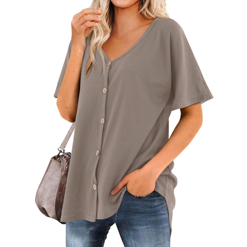 Women's T Shirt Tee Solid Color Women's Shirts V Neck Short Sleeve Button Up Tunic Tops Blouse