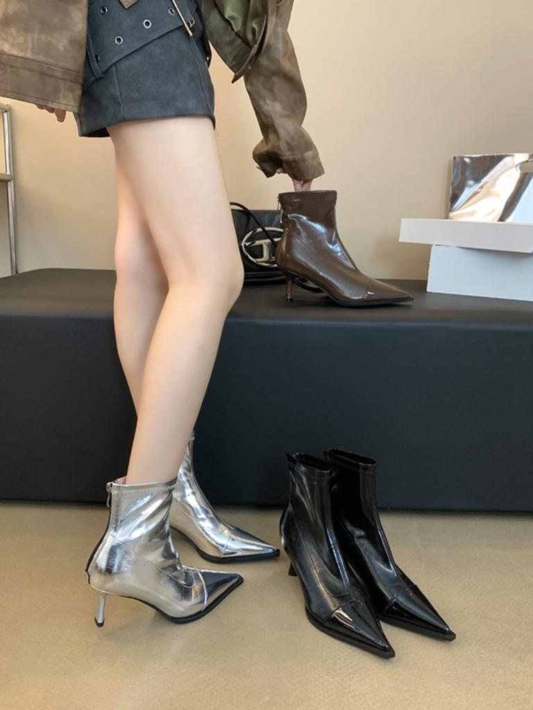 Мода Черный Серебристый Коричневый Женские Ботильоны Острый Носок Короткие Носки Ботильоны Тонкий Высокий Каблук Молния Сзади Однотонные Модные Туфли