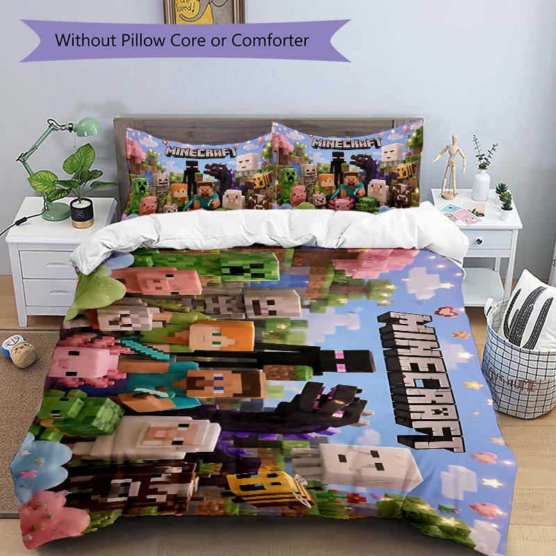 3Pcs Minecraft Characters Bedding Set Soft Fabric Duvet Cover Pillowcases Home Xmas Halloween Gift 1 Duvet Cover 2 Pillowcase S1767