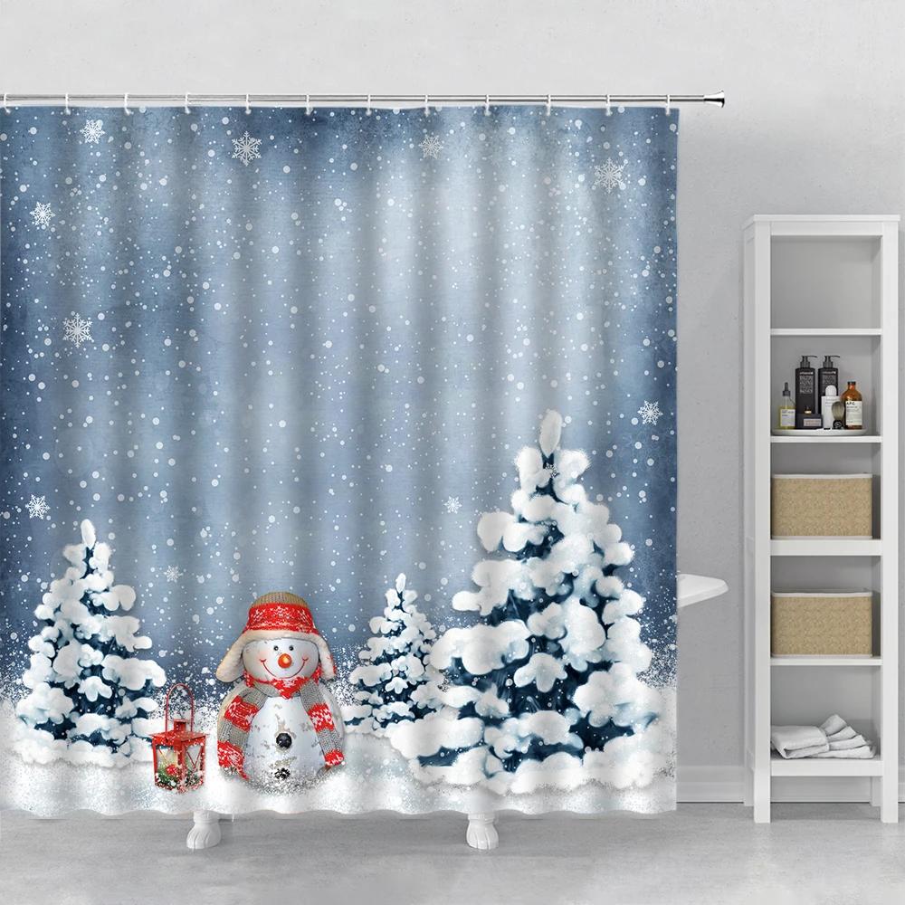 Happy Snowman Christmas Shower Curtain Snowflake Santa Claus New Year Gift Bathroom Waterproof Bath Curtain Home Decor With Hook