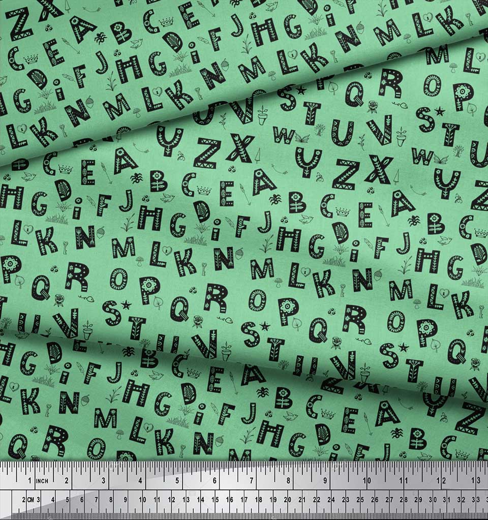Soimoi Green Poly Crepe Fabric Alphabet Text Decor Fabric Printed Metre 42 Inch