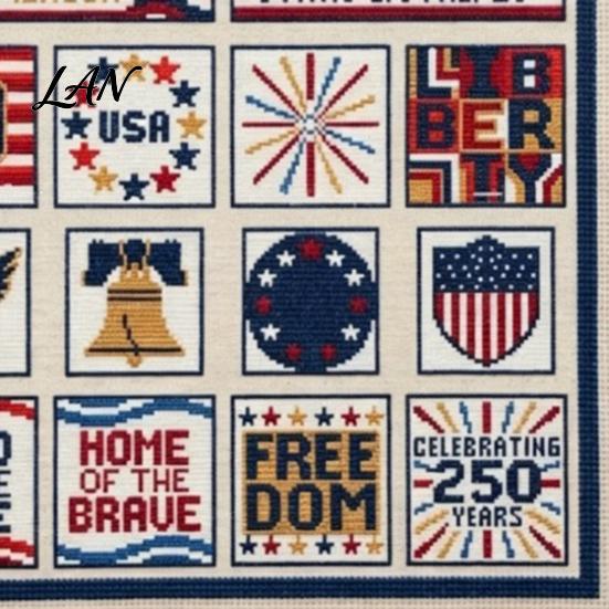 Cotton Embroidery Cloth 250th Anniversary Cross Stitch Kit, Independence Day Theme, Red White Blue Threads American Flag Set, Patriotic USA